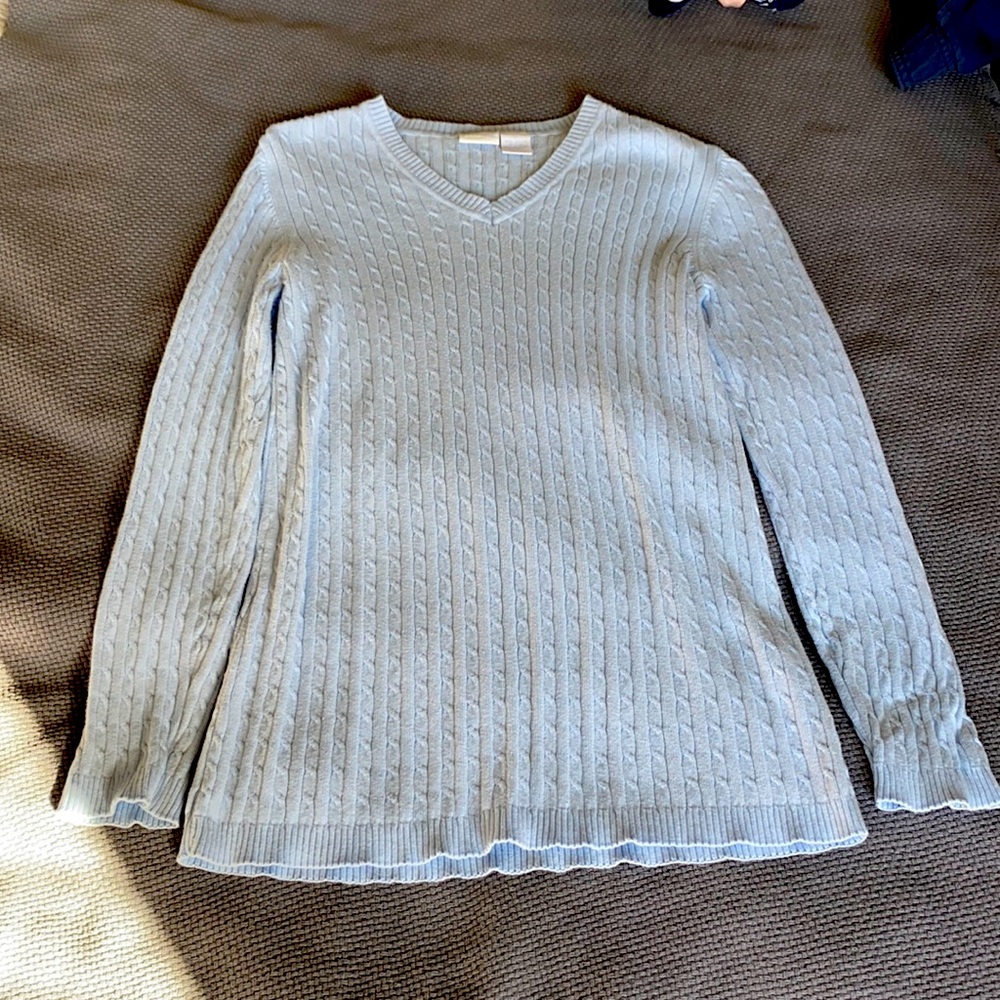 Very light blue, v-neck maternity cable sweater.